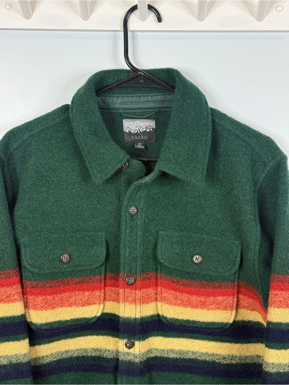 J.Crew Nordic Wool-Blend Blanket-Stripe Shirt Jacket Green Men’s Medium